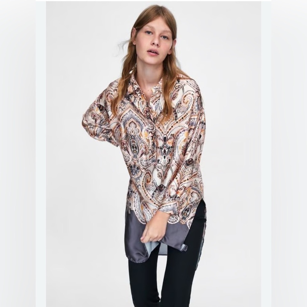 Zara Printed Tunic Long Sleeves High Low Hem Brown Cream Blouse paisley print